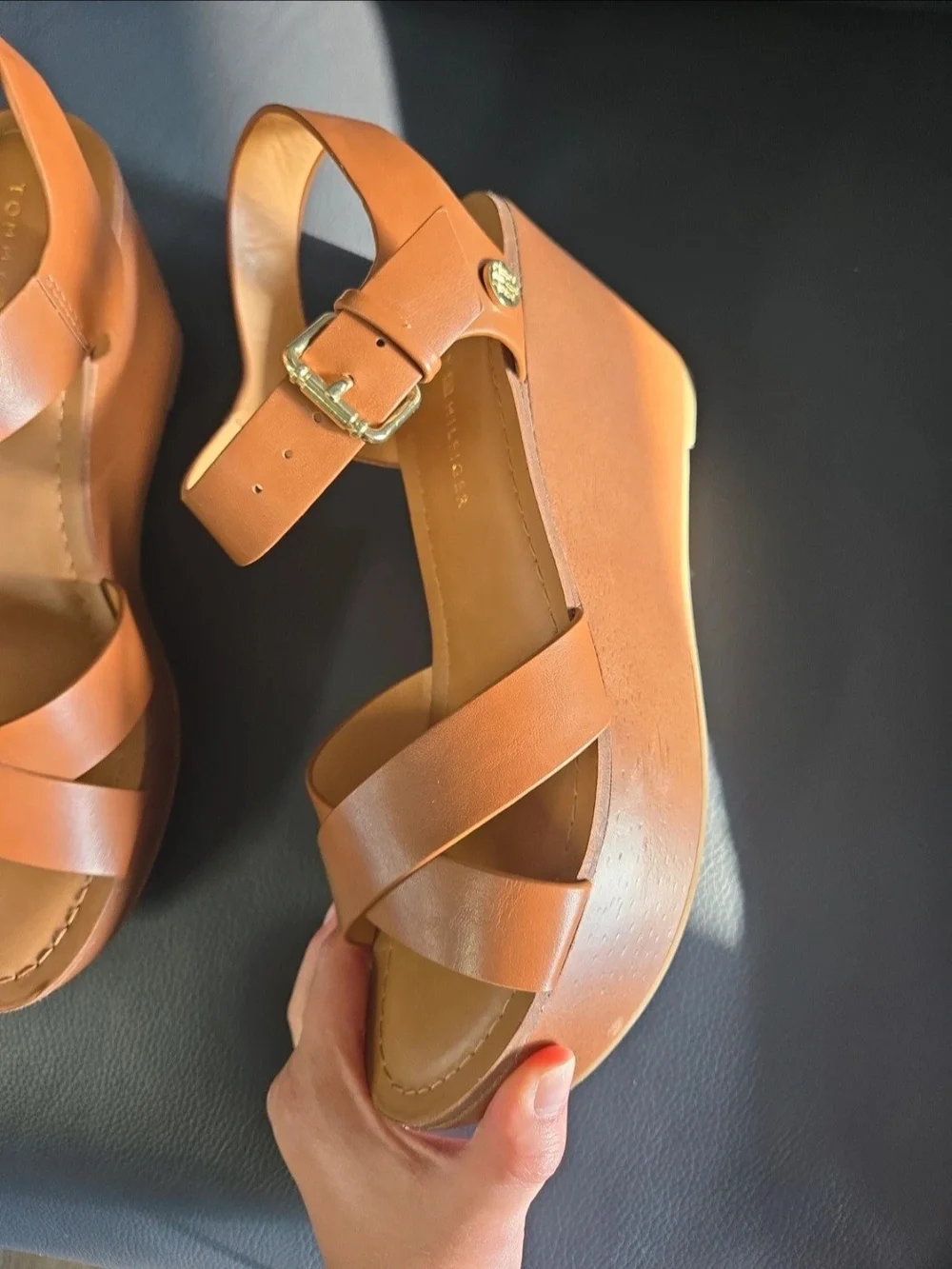 Tommy Hilfiger Tan Platform Wedge Sandals with Ankle Strap